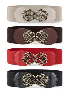 4 Pack Women Vintage Wide Waist Belts for Dress, Elastic Cinch Belt with Retro Interlocking Buckle, Stretchy Waist Belt