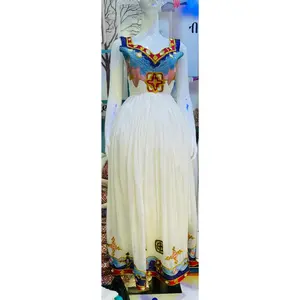 Liyu Design Habesha Dress - Handcrafted Ethiopian Cotton Maxi Dress with Netela - Short Sleeve, Traditional Eritrean Design, One Size Fits All