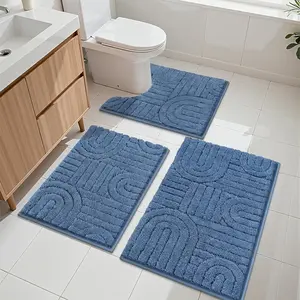 Bathroom Mats Sets 3 count, Non Slip Washable Bath Rug Set, Absorbent Bathroom Carpet with U-Shaped Toilet Rug, Microfiber Bath Mats for Shower and Tub (Blue, 18''x26''+20''x32''+20''x24'')