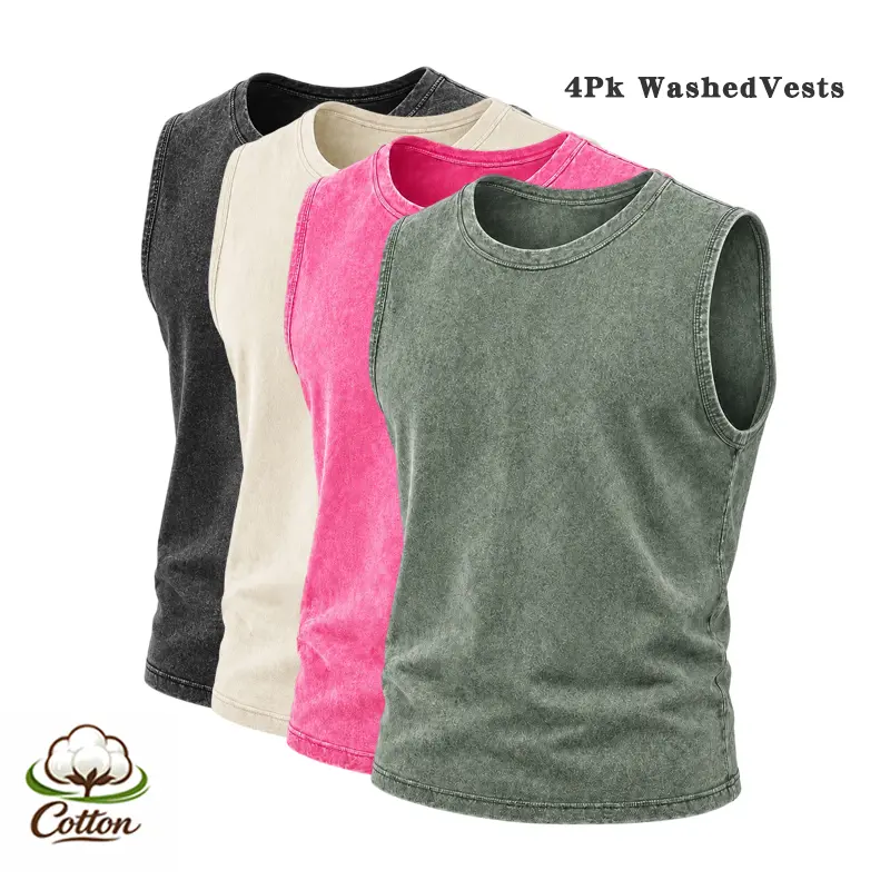 Men’s American vintage wax-dye tank top—breathable pure cotton loose athletic vest/sleeveless shirt; comfortable non-see-through wide-shoulder sports T-shirt; cool for summer wear without feeling stuffy; available in multiple colors.