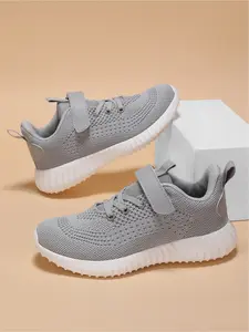 Boys' Breathable Mesh Sneakers, Black/White/Grey Hook & Loop Casual Running Shoes, Lightweight Soft Sole Kids' Athletic Shoes