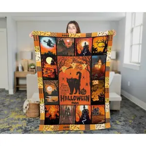 Vintage Black Cat Halloween Woven Throw Blanket, Retro Black Scary Cat Woven Wall Tapestry, Pumpkin Halloween Watching Movie Woven Blanket Horror