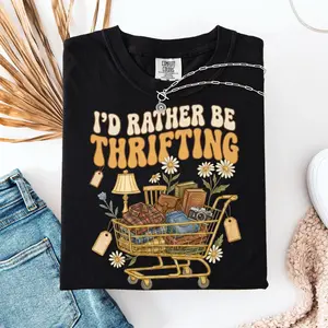 I’d Rather Be Thrifting, thrift aesthetic shirt, blue and gold vintage decor cart, retro thrifting graphic