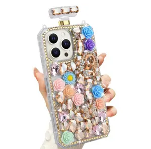 iPhone 15 Pro Max (6.7) - Premium Clear TPU Perfume Bottle Shape Case with Large Floral Rose Heart Rhinestones with Ring Stand and Detachable Strap