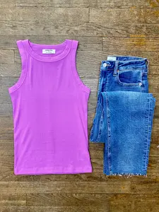 Ribbed Scoop Neck Tank - Pink