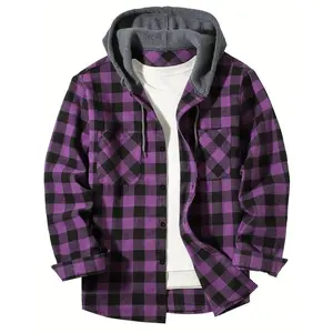 Men's Shirts Classic Plaid Casual Button Down Hooded Long Sleeved Double Pockets Shirt Hoodie Flannel Jacket Spring Autumn Tops Fabric Menswear