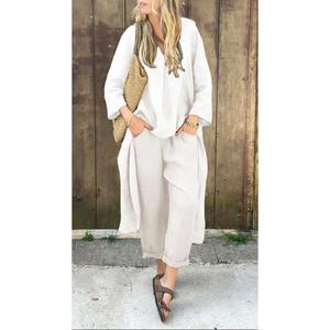 2pcs Long-sleeved Suits Loose V-neck Long Top And High Waist Wide Leg Pants With Pockets Women's Clothing