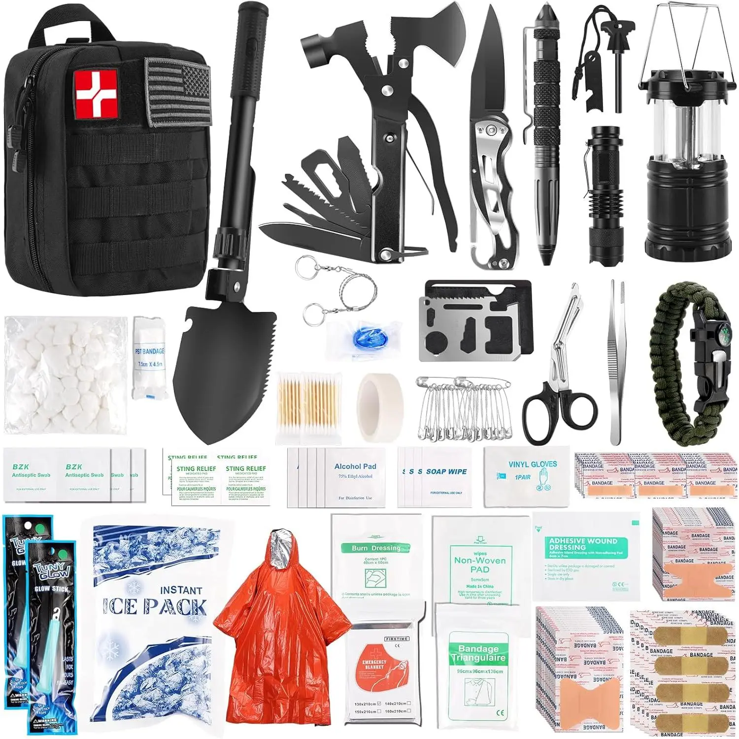 Tactical Survival Kit, 318 PCS Emergency Gear with First Aid Supplies in 1000D Nylon MOLLE Pouch - Bugout Bag for Camping, Fishing - Birthday Gifts for Dad, Boyfriend, Grandpa, Son, Husband, Hiking, Holiday, Unisex, Women, Tree-Fold, 360 Degree Lighting