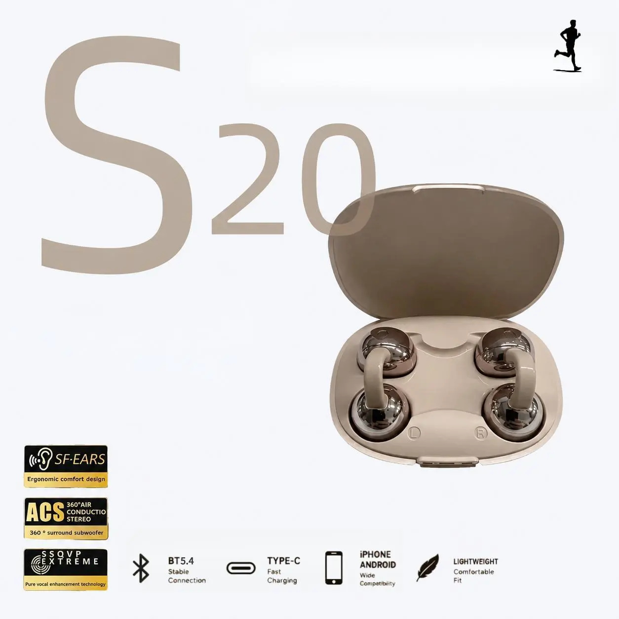 S20 Clip-on Wireless Bluetooth Headphones - (Smaller, more compact), Hi-Fi Stereo Headset with built-in call noise reduction, DT6.0 Pulse Directional Tech, 360° ACS Panoramic Sound, IPX5 Waterproof Audio Earbuds for Music & Calls, Comfortable for Sports