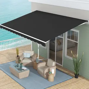 16' x 10' Electric Retractable Awning with Remote & Manual Crank UV Protection Sun Shade for Deck Balcony Yard Black 270gsm PU-Coated Polyester Fabric