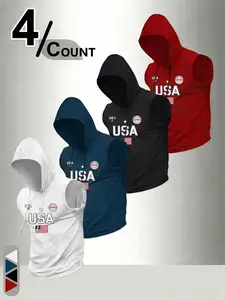 Men's 4-Pack USA Patriotic Hooded Muscle Tank Tops - Sleeveless Workout Hoodies, Athletic Gym Shirts with American Flag Graphic for Training, Graphic Print Hoodie, Fitness Sport Top (Multi-Color)