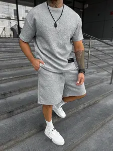 Men's textured Crewneck T-shirt casual set, Clothes, featuring a cool silk waffle top paired with a comfortable drawstring waist shorts set, ideal for casual wear and summer daily wear, available in multiple colors, it's a gift for men