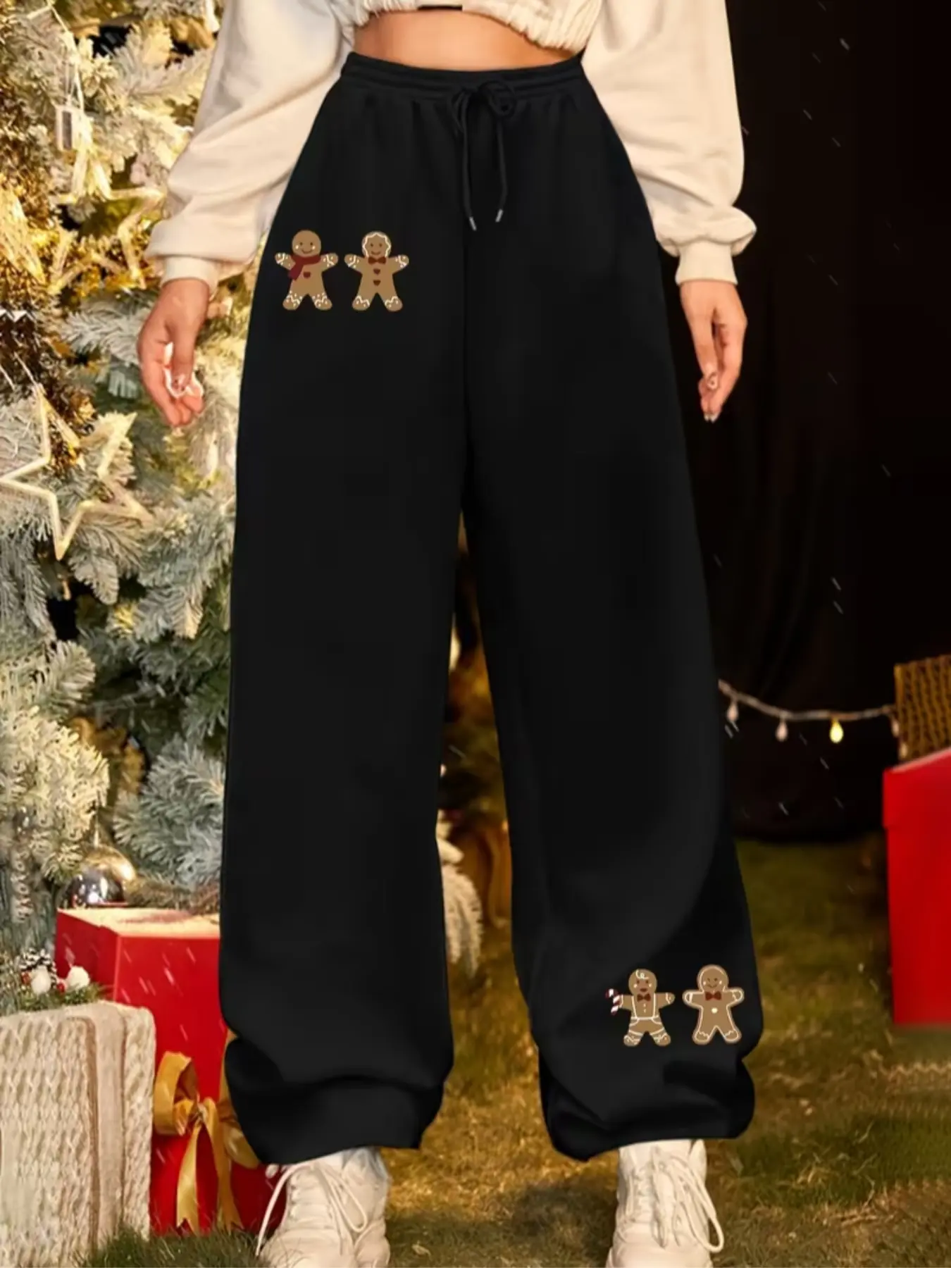 Comfortable Christmas Gingerbread Man Print Sleep Pants, Casual Polyester Knit Fabric, Drawstring Design, Straight Leg, Holiday Pattern, Fall Winter