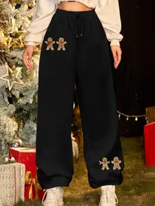 Comfortable Christmas Gingerbread Man Print Sleep Pants, Casual Polyester Knit Fabric, Drawstring Design, Straight Leg, Holiday Pattern, Fall Winter