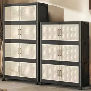 3/4/5 Tier Black & Beige Foldable Storage Cabinet with Magnetic Closure & Lockable Casters, Large Capacity Stackable Rolling Cabinet for Living Room, Bedroom, Closet, Space-Saving Storage for Clothes, Books & Household items. Storage and Organization