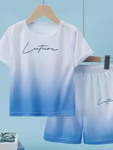 Summer Gradient English Print Set, Soft Comfortable Fabric, Breathable, Lightweight, Quick-Dry, Unisex Short Sleeve Top Shorts Two-Piece Set