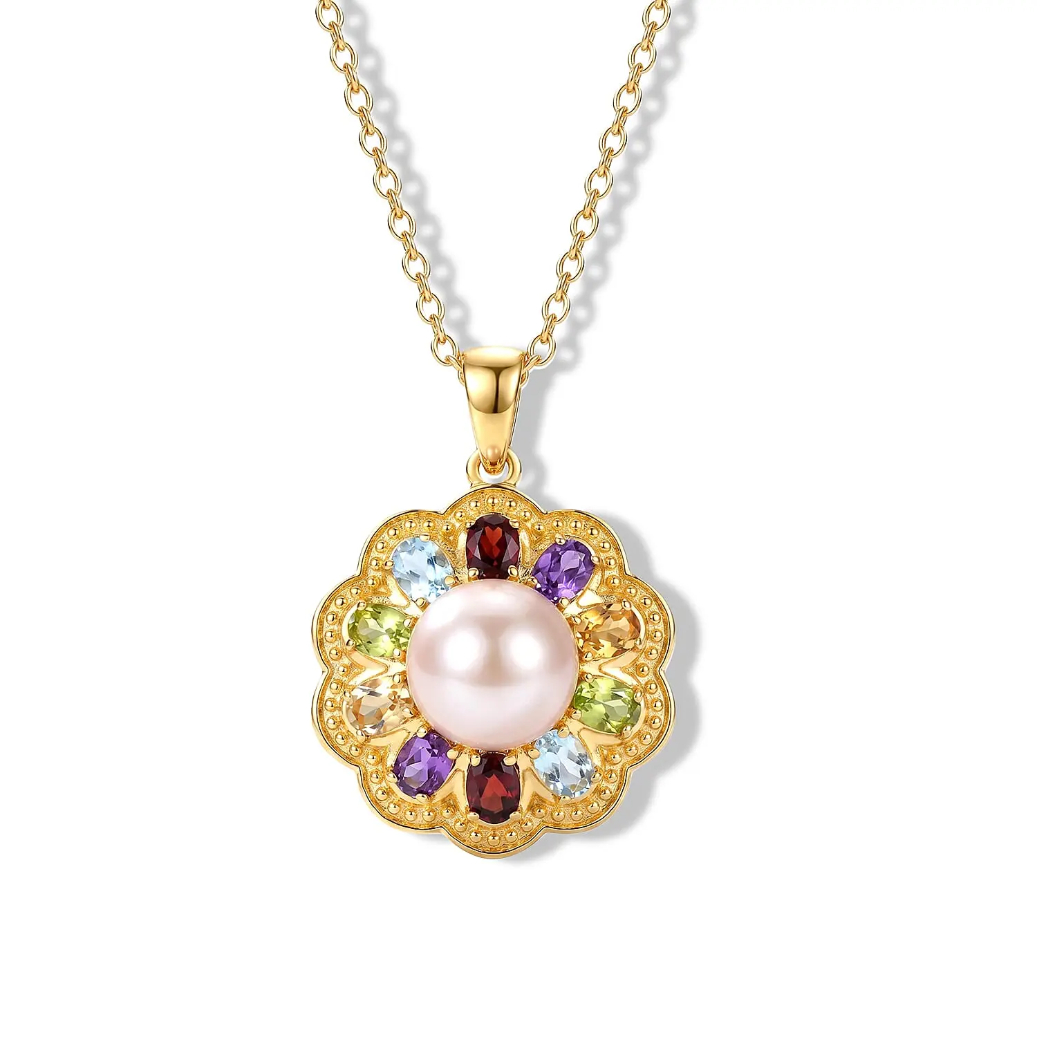 EverTrue Pink Freshwater Pearl 9-10mm, Multi Gemstone Lustre Bloom Pendant in Platinum Bond with ION Plated YG Stainless Steel (20 Inches) 1.85 ctw