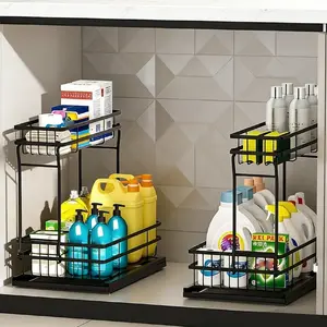 2 Pack Under Sink Organizers and Storage, 2 Tier Pull Out Cabinet Organizer, Metal Sliding Drawer Storage for Kitchen Bathroom, Room Organization Products ,Festival Gift,Black