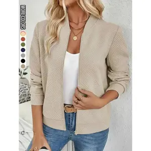 Women’s solid-color zip-up jacket, spring and autumn casual long-sleeve outerwear, women’s everyday wear, women’s clothing, outerwear GARMENTARY