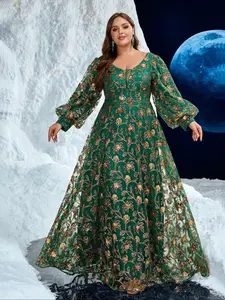 Elegant V-Neck Lantern Sleeve Long Sleeve Beaded Embroidered Evening Dress Formal Wear, Random Cut Design, Luxurious and Graceful Ball Gown