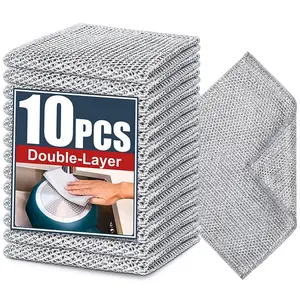 Double Layer Dish Towel, 5/8/10pcs Multipurpose Non-scratch Wire Dishcloths for Wet and Dry Use, Reusable Wire Cleaning Cloths for Kitchen, Sinks, and Pans, Home Cleaning Rag, Household Items