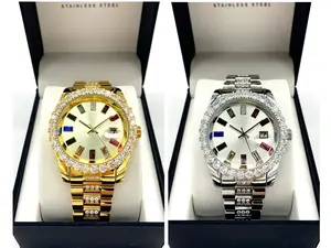 MaxBling81 Men's Stainless Steel Quartz Fashionable Watch - Iced Gold Silver Plated Luxury, Hip Hop Bling Design, Round Dial Analog, Diamond Bezel, Date Function, Stylish Watch, Casual Wristwatch, Fashionable Watches