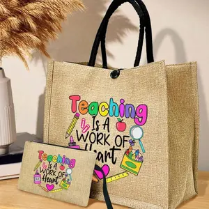 Creative Teacher Letter Print Linen Handbag Set, Large Capacity Linen Shopping Bag, Ideal Gift for Teachers, Portable Casual Storage Bag
