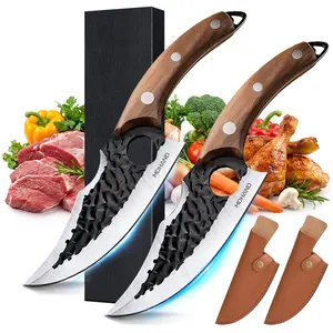 2Pcs Chef Knife Set, Kitchen Knife, Hand Forged Viking Knife for Meat Cutting, Forged Japanese Style Knife for Cooking - High Carbon and Full Tang - Boning & Slicing With Ergonomic Wooden Handle, Best Gift#Summervibes