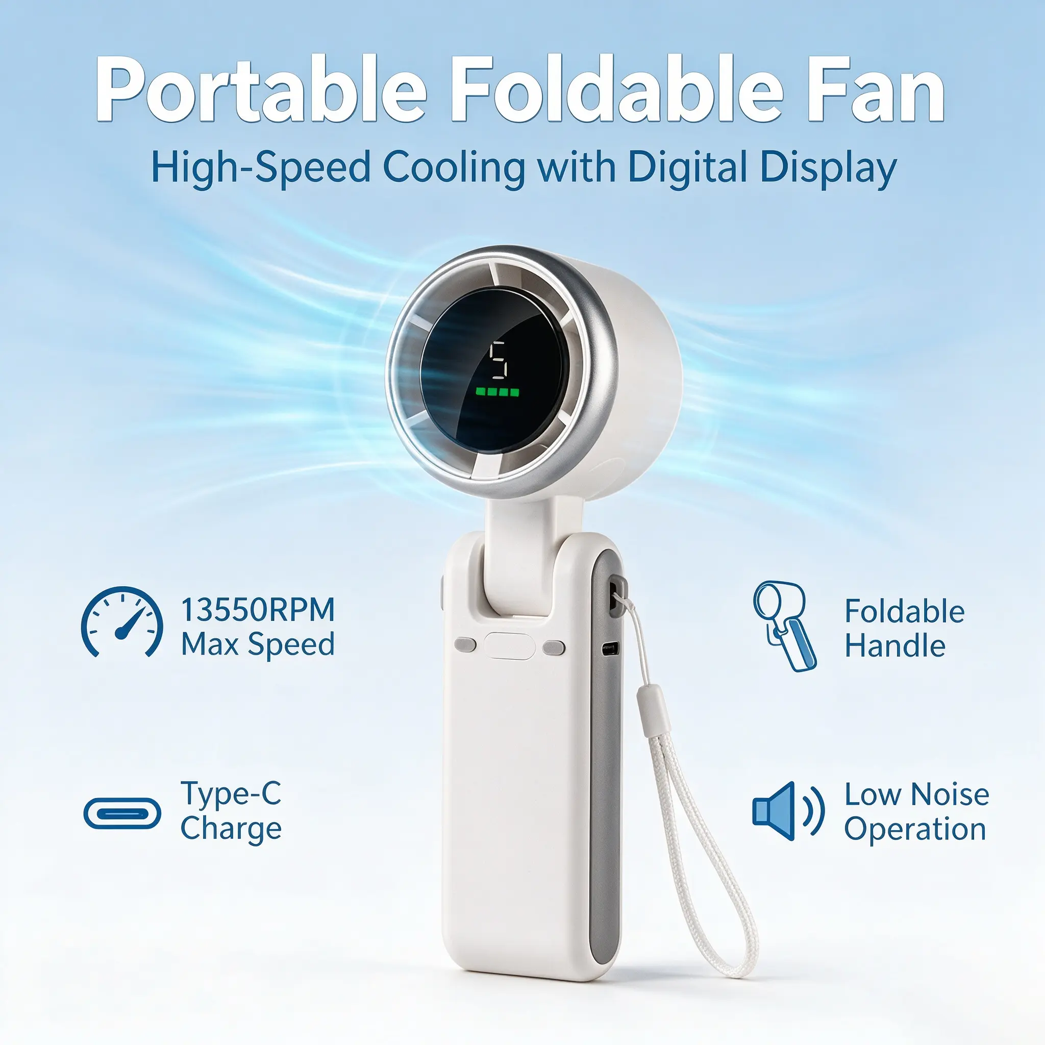 Portable 3-in-1 Turbo Mini Handheld Fan - 180° Foldable, 4200mAh Battery, LED Display, 5 Speed Settings - Personal Cooling Fan for Travel, Outdoor Use