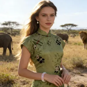 Playful Panda & Bamboo Print Qipao | Vintage Olive Green Cheongsam Dress