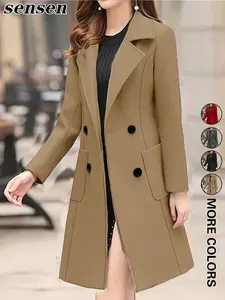 Women's Woolen Coat, Double-Breasted Lapel Waist-Cinching Mid-Length Outerwear, Commuter OL Style Slimming Overcoat for Fall & Winter