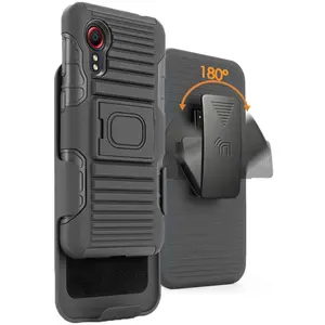 Case with Clip for Galaxy XCover 5, Nakedcellphone Black Rugged Cover [with Finger Grip Stand] + [Built-In Mounting Plate] + [Belt Hip Holster] for Samsung Galaxy XCover 5 Phone (SM-G525)