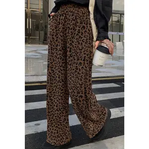 Dark Brown Leopard Print Elastic High Waist Loose Corduroy Pants