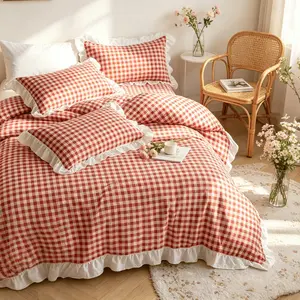 3Pcs Retro Plaid Bedding Set, Vibrant Orange Pink Grid Design with Ruffle Edge, 1 Duvet Cover + 2 Pillowcases Without Insert, Soft Fabric, Zipper Closure, Summer New Arrival, Ideal Gift Choice