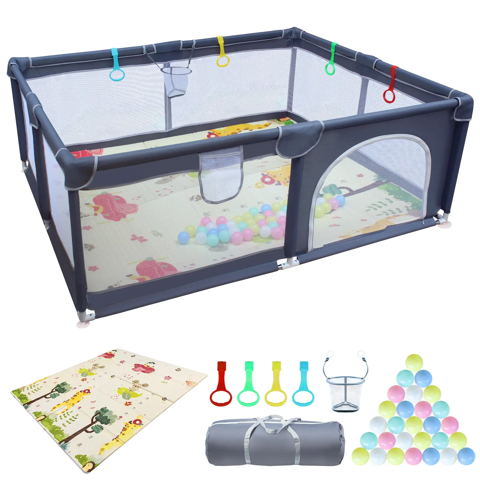 Baby playpen, 71"x59"Baby Playpen with Mat Indoor＆Outdoor Playpen for Babies and Toddlers with Breathable Play Pen with Ocean Balls Hanging Pocket Basketball Hoop (Gray)
