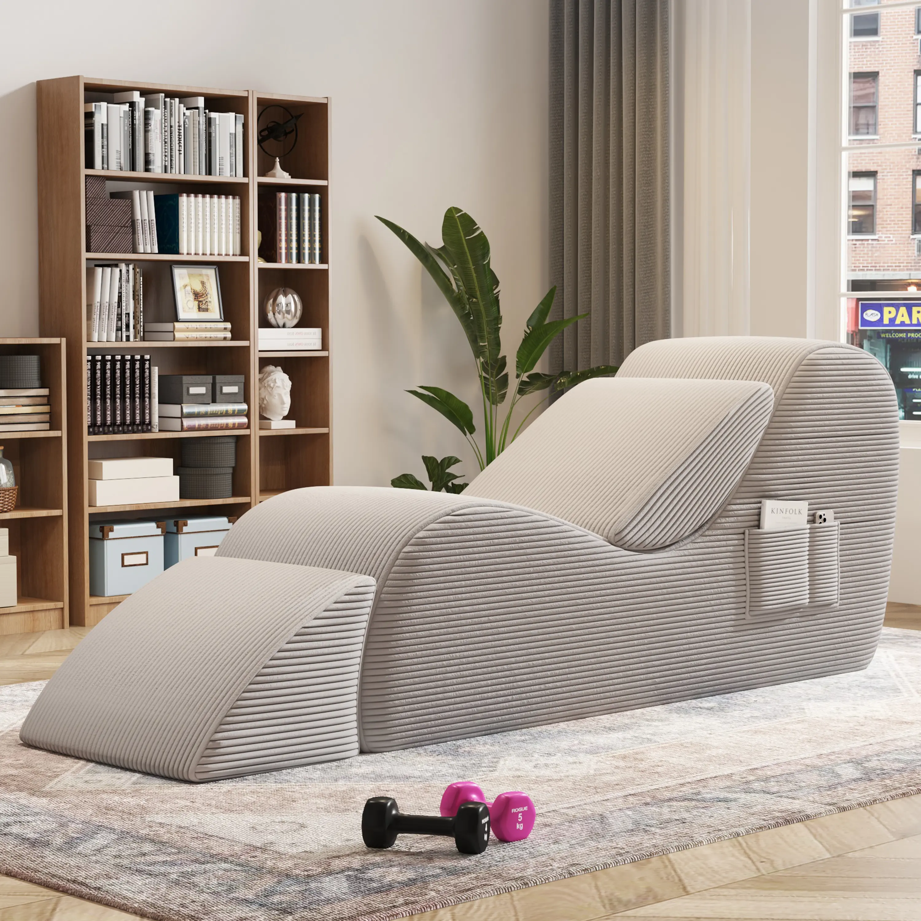 Premium Armless Lounge Chair for Adults - Thick High-Density Foam Cushions for Long Sits, Lumbar Pillow, No Assembly, Durable Corduroy, Curved Fixed Back, Full-Body Support, Phone/Remote Pocket, Indoor Living Room Furniture