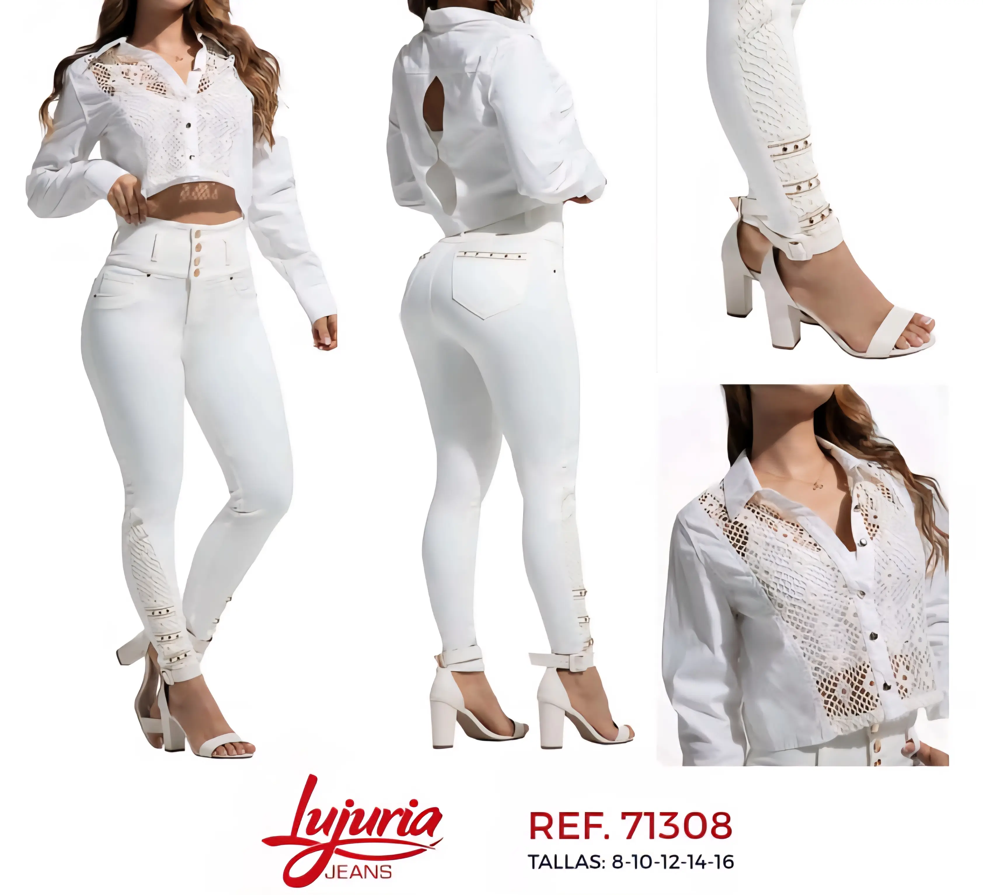 Women's 2-Piece Colombian Style Coordinated Set - 71308 Lujuria White Trouser & Long-Sleeve Blusa, Decorative Embroidery, Rhinestones, Casual, Elastane, 100% Colombian Quality, Chic Comfortable Elegant Lady Clothes