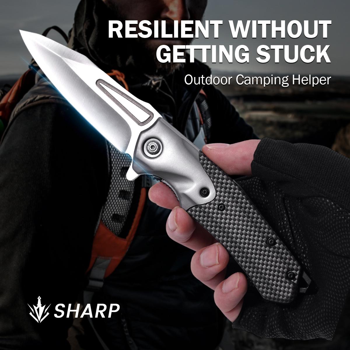 Sleek EDC Folding Knife with Carbon Fiber Texture, Reliable Outdoor Gear for Camping & Bushcraft