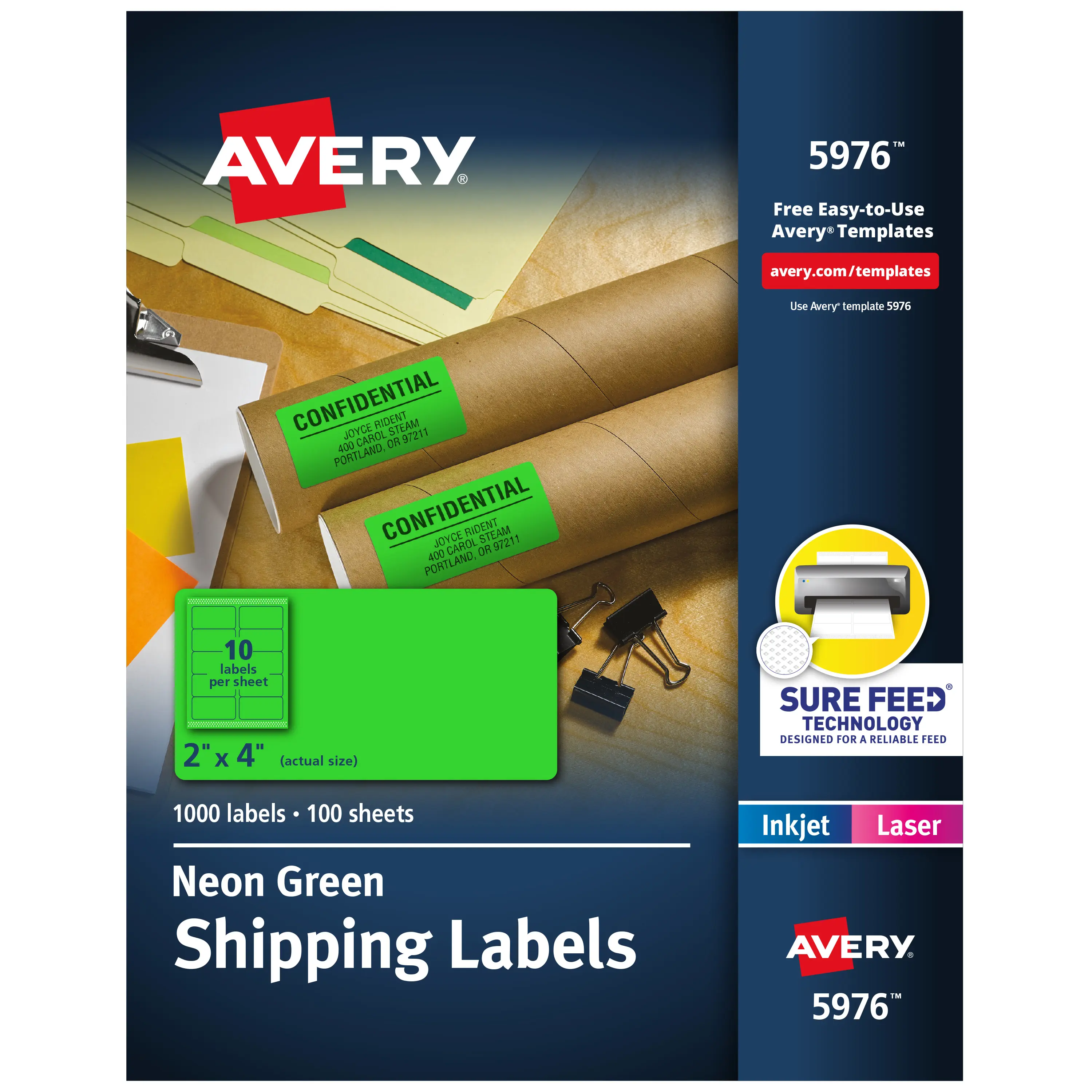 Avery Printable Shipping Labels with Sure Feed, 2" x 4", Neon Green, Laser & Inkjet Compatible, 1,000 Blank Labels Total (5976)