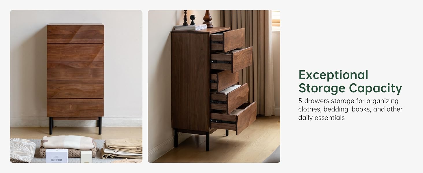 YESWOOD Solid Walnut Nightstand, 5 Drawer Bedside Table for Bedroom, Solid Wood nightstand with Drawers, Modern Night Stand for Living Room, Hallway, Closet(Black Walnut, 43" H)