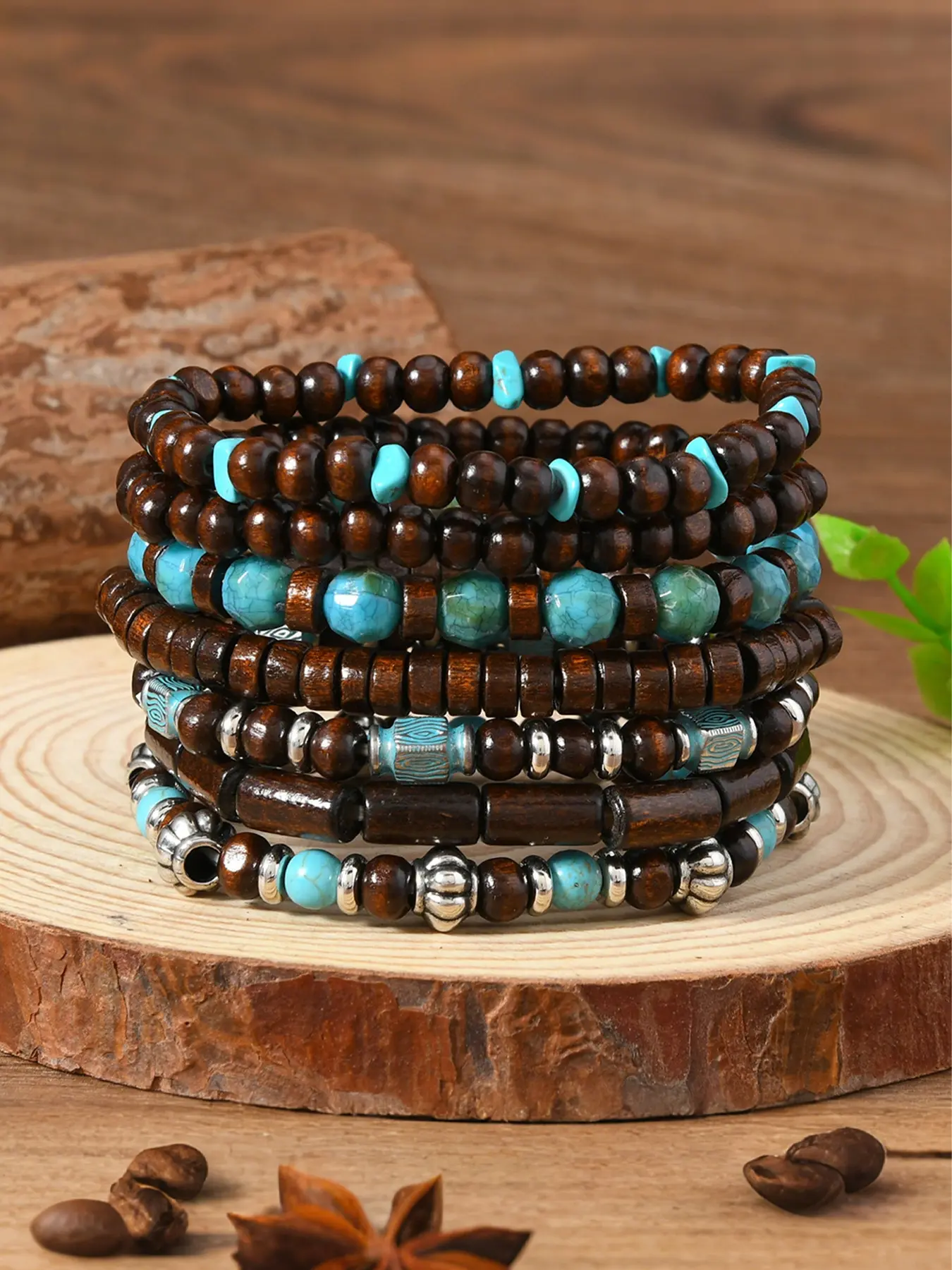 7pcs Wooden Bead Turquoise Bracelet Set, Bohemian Elastic Material Bracelets, Fashion Couple Bracelets, Daily Wear and Gift, Gifting, Boho Style, Personalization