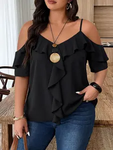 Plus Size Women's Halter Ruffle Shirt Top, Solid A-Line Elegant Design, Perfect for Daily Wear, Graduation, and Parties