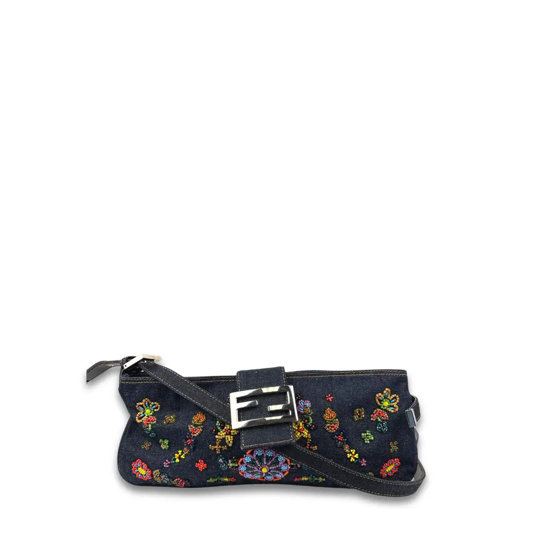 Pre-owned FENDI Denim Shoulder Bags Beaded Zip Pochette