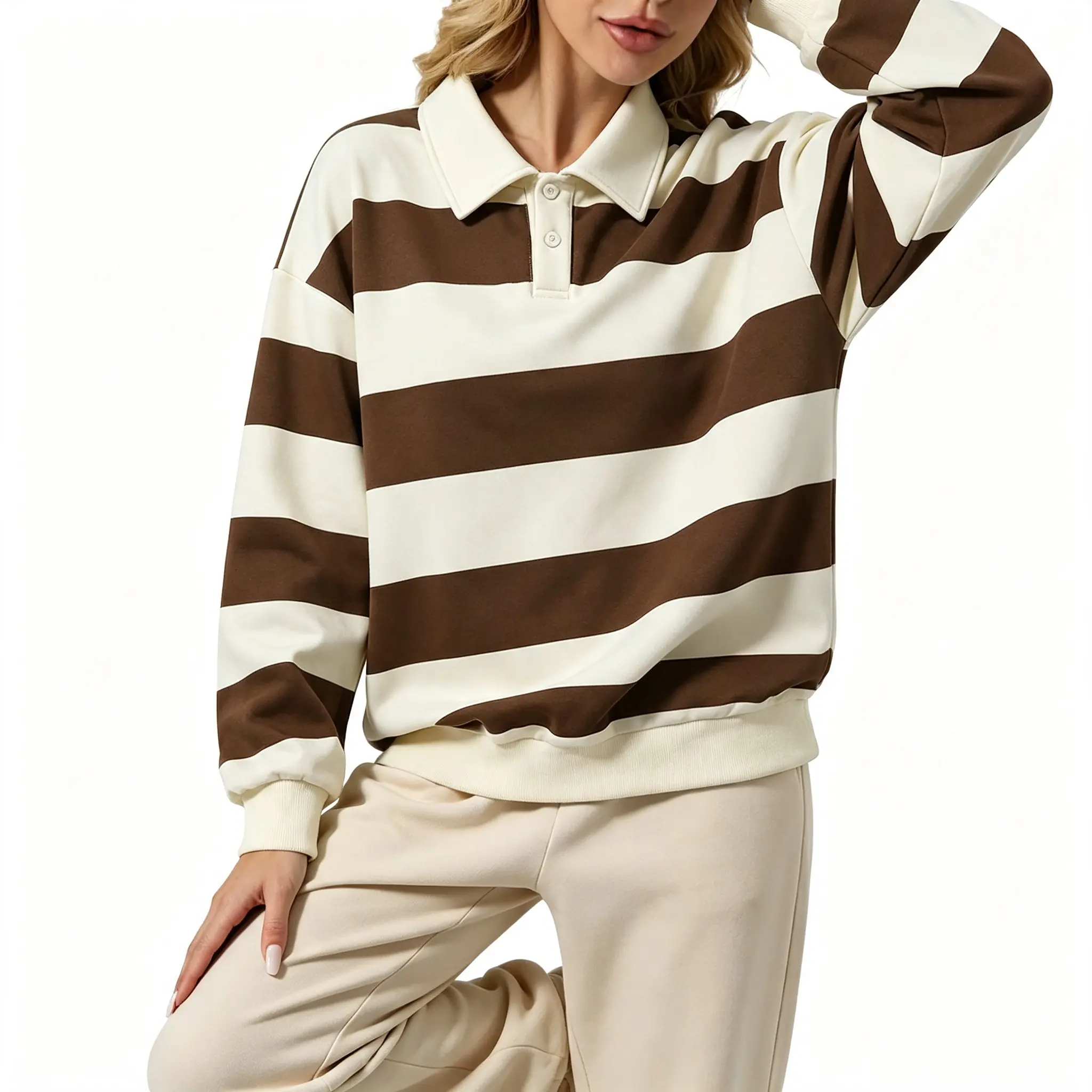 Women’s skin-friendly terry fabric polo sweatshirt with a turn-down collar, vintage color-blocked wide stripes, drop-shoulder design, loose fit, long sleeves, pullover style—casual, slimming polo sweatshirt for spring and autumn in American retro striped