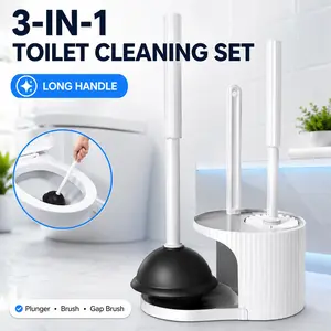 3-in-1 Toilet Brush and Plunger Set, all-in-one combo with crevice cleaning brush, space-saving & multi-functional design. Premium white bathroom cleaning tools for deep toilet cleaning and daily restroom tidying.
