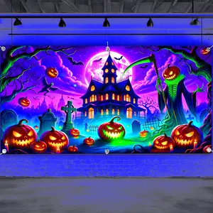 1pc Dark Ghost Pumpkin Man- Glow In The UV Halloween Garage Door Banner, Party Decorations Banners, Large Scale Fluorescence Fabric Wall Decoration, Suitable For Party Decoration, Halloween Decoration, Outdoor Activities, No Power Needed, Polyester