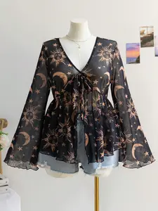 Soleia Plus Size Black Star & Moon Babydoll Top  Winter Boho Style