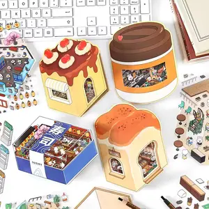 Secret Worlds Sticker Set - 4 Designs - 3 Sheets Each Featuring Bakery Sushi Bar Coffee Shop Pastry Shop Scenes Comes with Tweezers for DIY Crafting