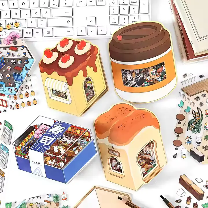 Secret Worlds Sticker Set - 4 Designs - 3 Sheets Each Featuring Bakery Sushi Bar Coffee Shop Pastry Shop Scenes Comes with Tweezers for DIY Crafting