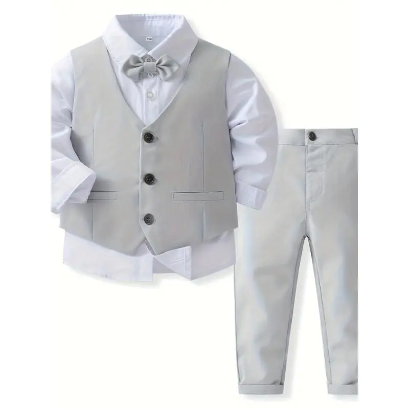 Boys' Suit Set, 2-Piece Formal Cotton Vest & Pants, Solid Color Regular Fit Party Wear for Weddings, Machine Washable, Children, Clothes Suits